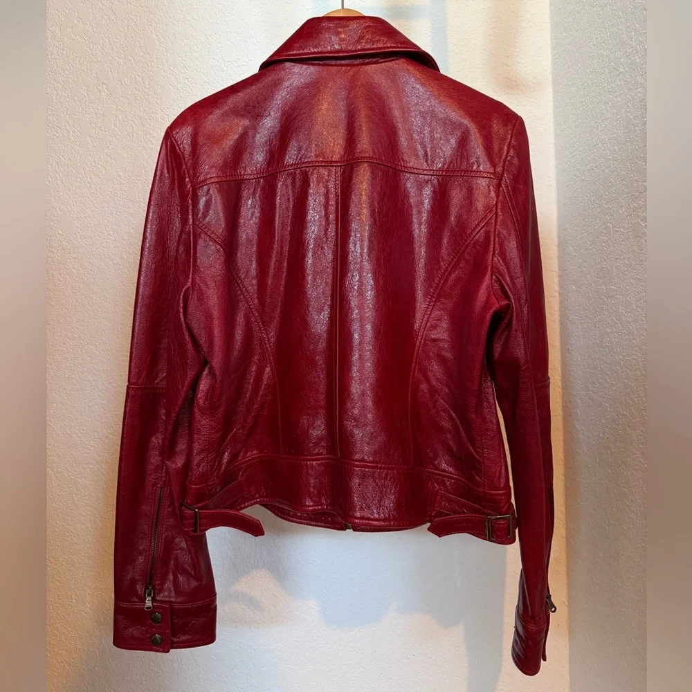 Women's Vintage Guess Los Angeles Maroon Red Leather Jacket Multi Pockets Large - Picture 5 of 15